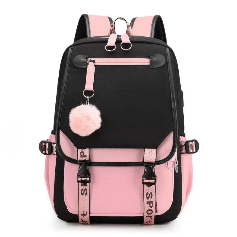 Mochilas escolares grandes para niñas adolescentes Puerto USB Mochila de lona Mochila para estudiantes Mochila escolar para adolescentes de color rosa y negro 231225