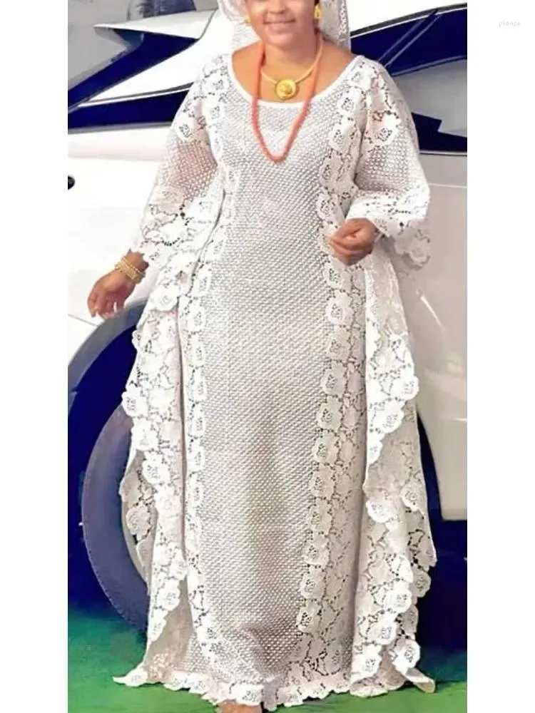 Casual Dresses Women White Lace Loose Robes O Neck Long Sleeve With Lining Dress African Female Formal Evening Party Celebration Events