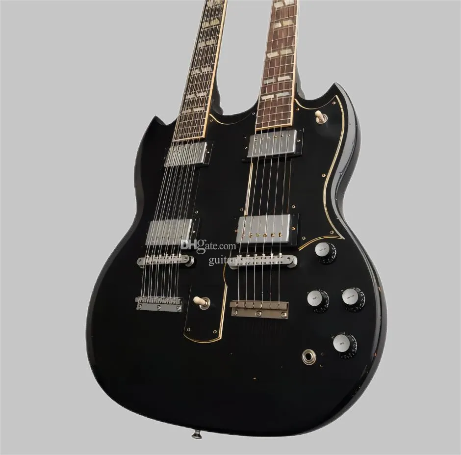 Factory Relic Black 12 et 6 String Slash 1275 Double Neck Electric Guitar Split Paralallogrod Mosaic 258