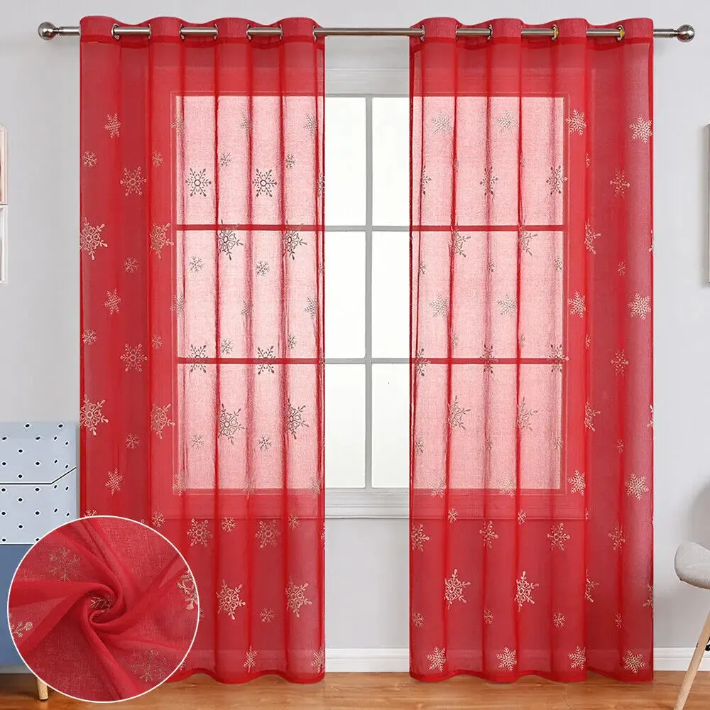 EmbroiderSnowflake Sheer Tulle Curtains for Living Room Bedroom Christmas Voile Curtain Home Decoration White Red Window Drape 231225