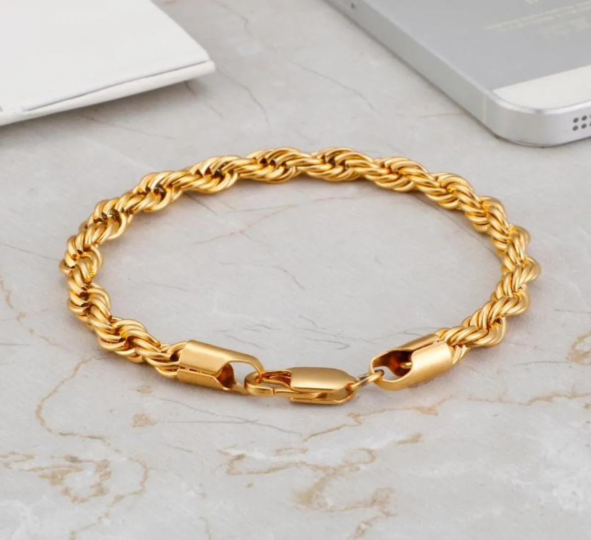 316L Stainless Steel Rope Chain Bracelet Titanium Steel 18K Gold Plated Bangle4662674