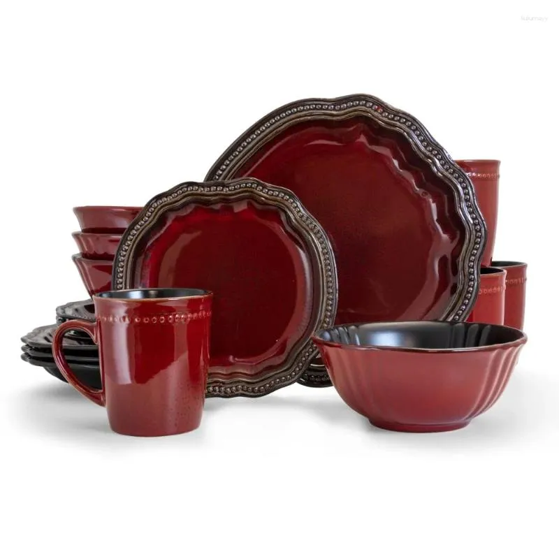 Plates Elama Regency 16-Piece Red Stoare Dinnerware Set Features A Unique And Modern Shape Beautifully Accented With Vibrant