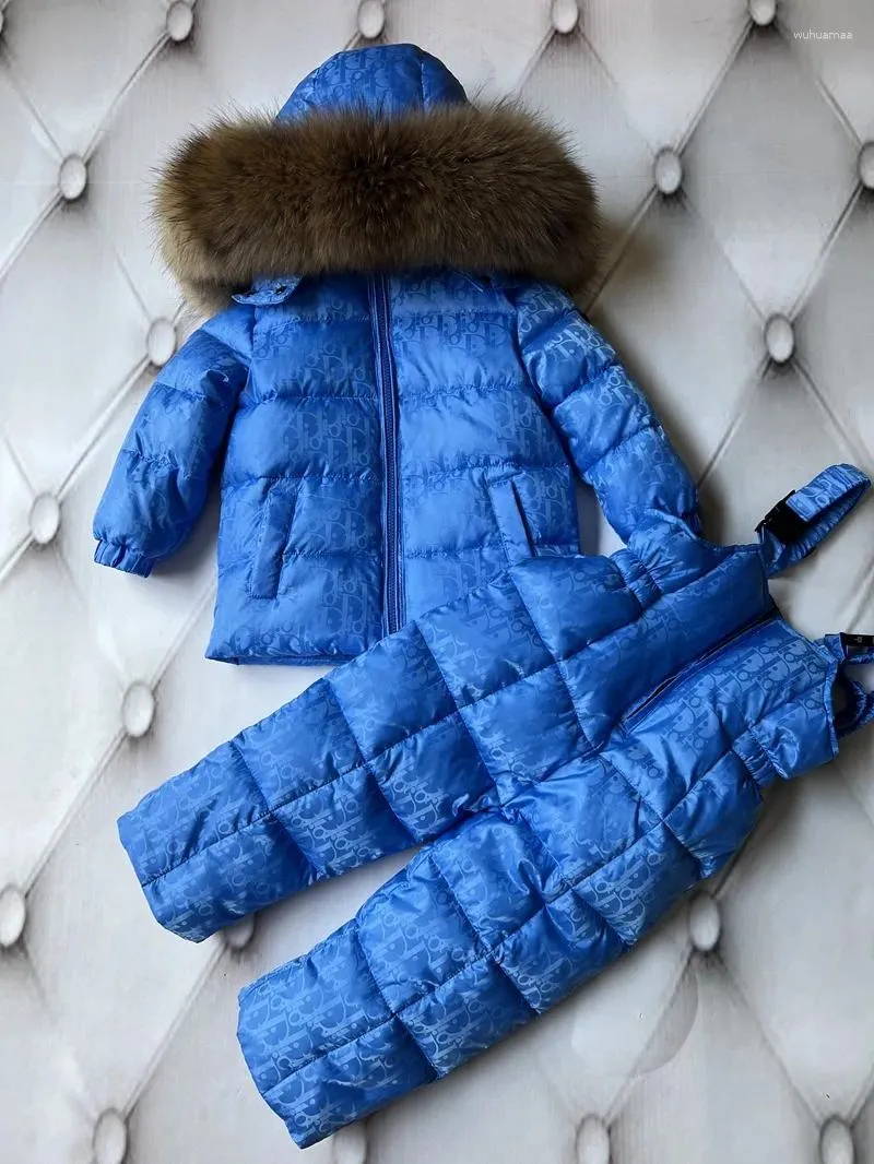 Down Coat European and American High-End Boys Girls Children Children Witte Duck Jacket Suspene Pants Dikke Big Fur Collar Batch