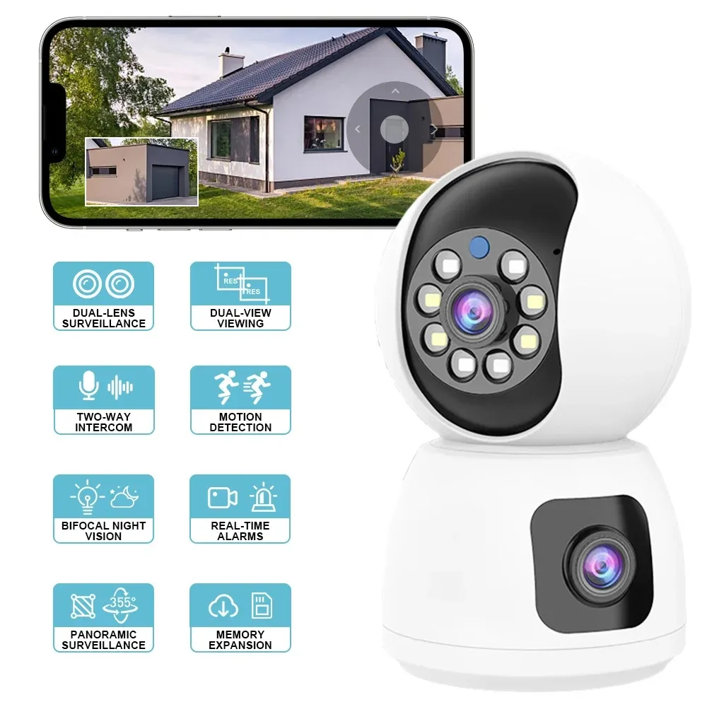 1080p HD WiFi Dual Lens Carmeras Security Camera 360 ° Panoramic IR IP Cameras Night Vision Full Color Automatisk mänsklig spårning 4x Digital Zoom Security Monitor