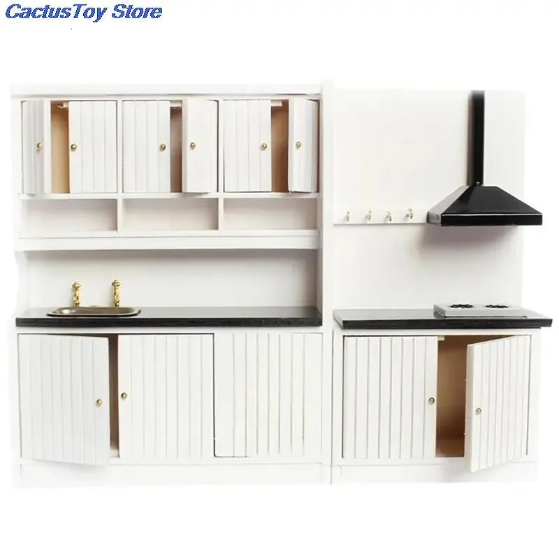 1 ensemble armoires de cuisine réfrigérateur meubles Kit accessoire maison de poupée Miniature bois adapté pour 1 12 maison de poupée blanc cuisine en bois 231225
