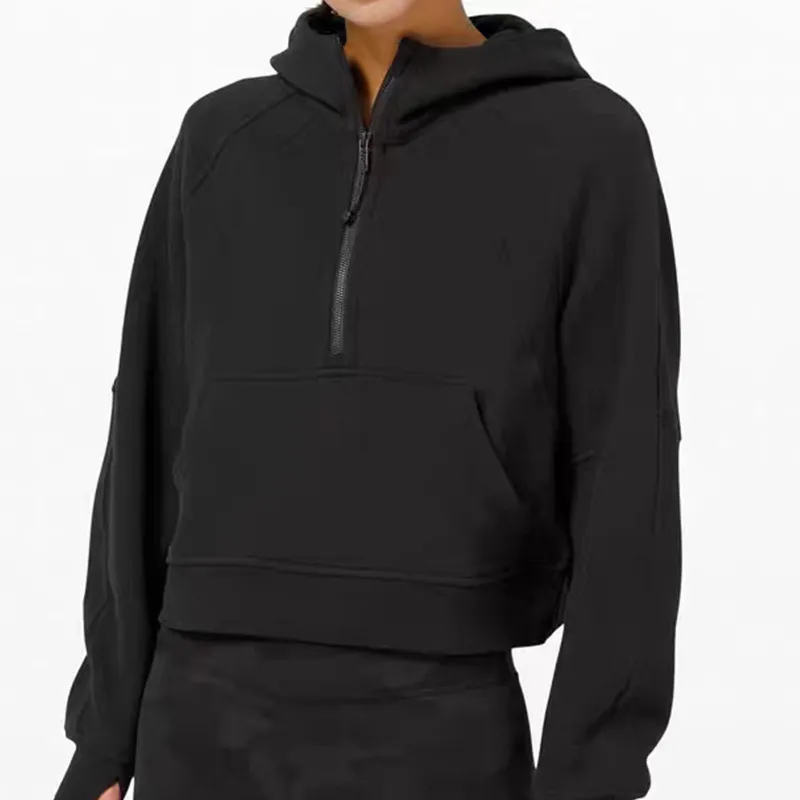 Giacca con cappuccio a mezza zip Donna Completi da yoga Abbigliamento sportivo spazzolato Pista da allenamento con cappuccio Cappotto da corsa con tasche Pile da esterno Fori per i pollici