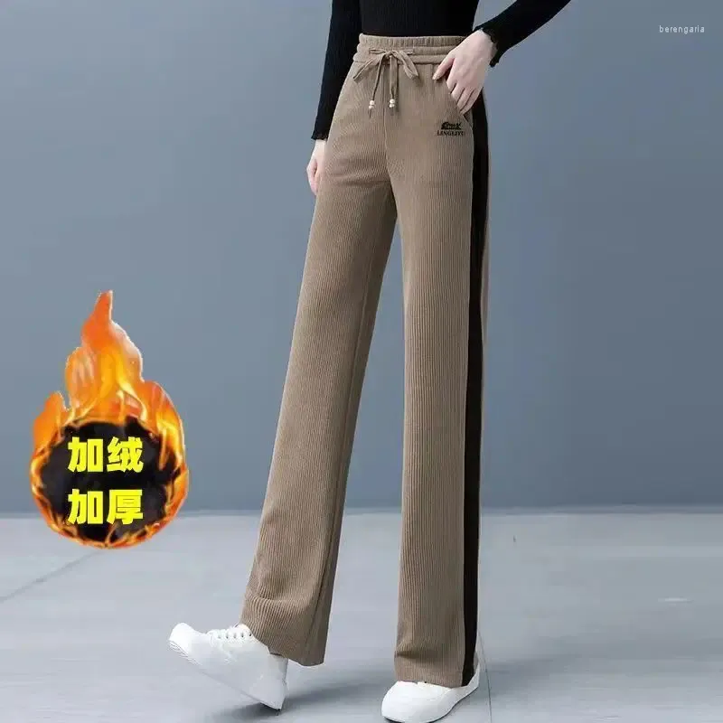 Calça feminina feminina faixas de veludo de veludo e outono de veludo e outono de inverno de cintura alta calça larga as calças de moletom coreana de grandes dimensões