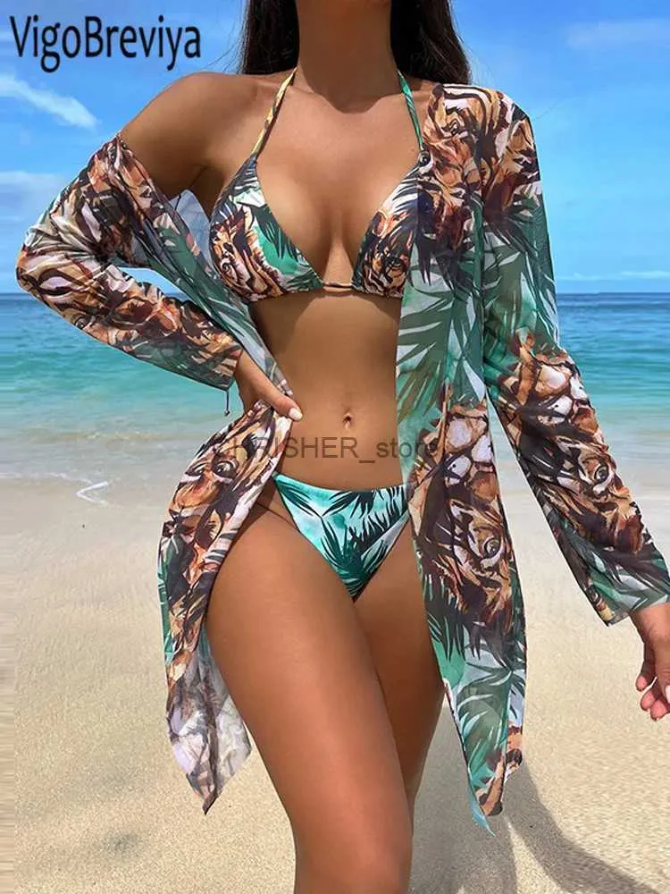 Conjunto de bikinis VigoBreviya, conjunto de Bikini con bata de malla de 3 piezas con estampado Sexy, traje de baño para mujer 2023, traje de baño con realce y cuello Halter atado, traje de baño para playa de verano L231225