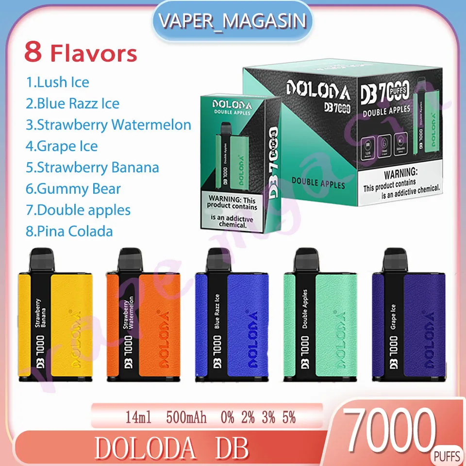 Direktverkauf Doloda DB7000 Puff Einweg-Vape-Stift, 14 ml, vorgeladene Kartusche, 7K Puffs, 8 Geschmacksrichtungen, 500 mAh, wiederaufladbare elektronische Zigarette, Konzentration 0 %, 2 %, 3 %, 5 %