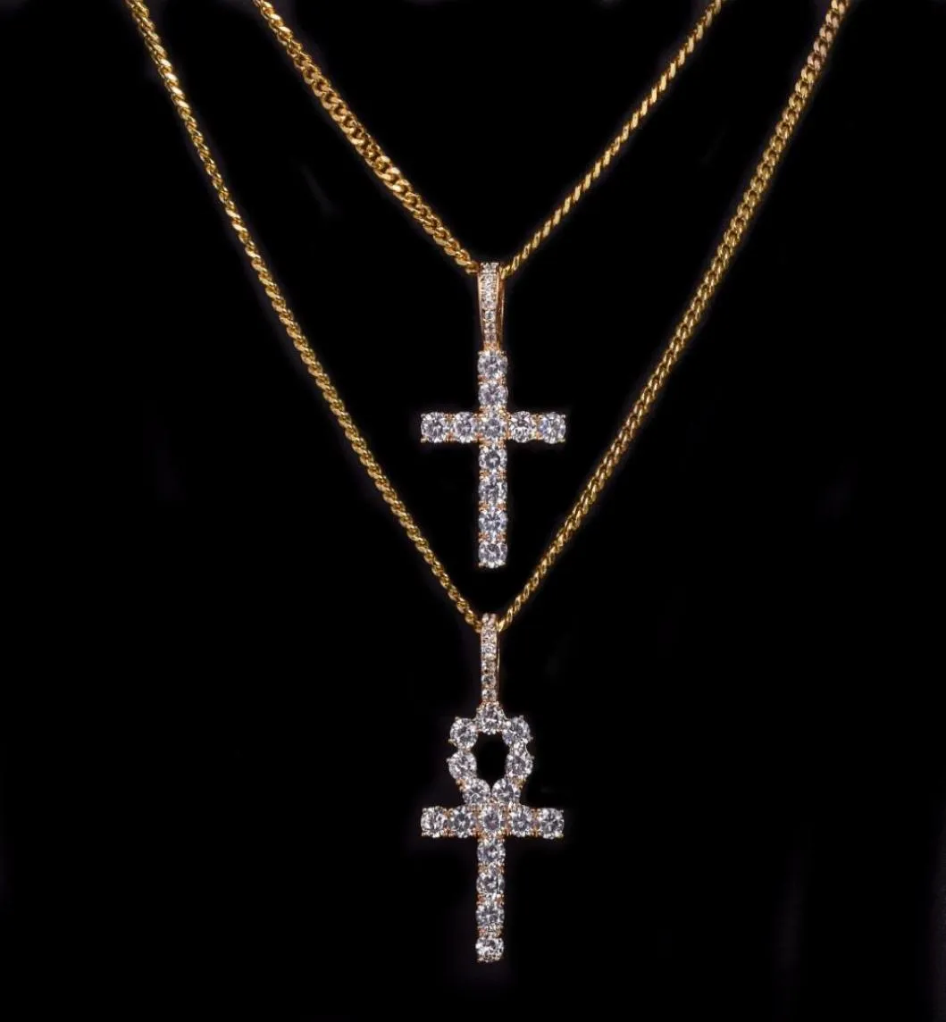 Iced Zircon Ankh Cross Halsband smycken Set Gold Silver Copper Material Bling CZ Key to Life Egypt Pendants Necklace7649955