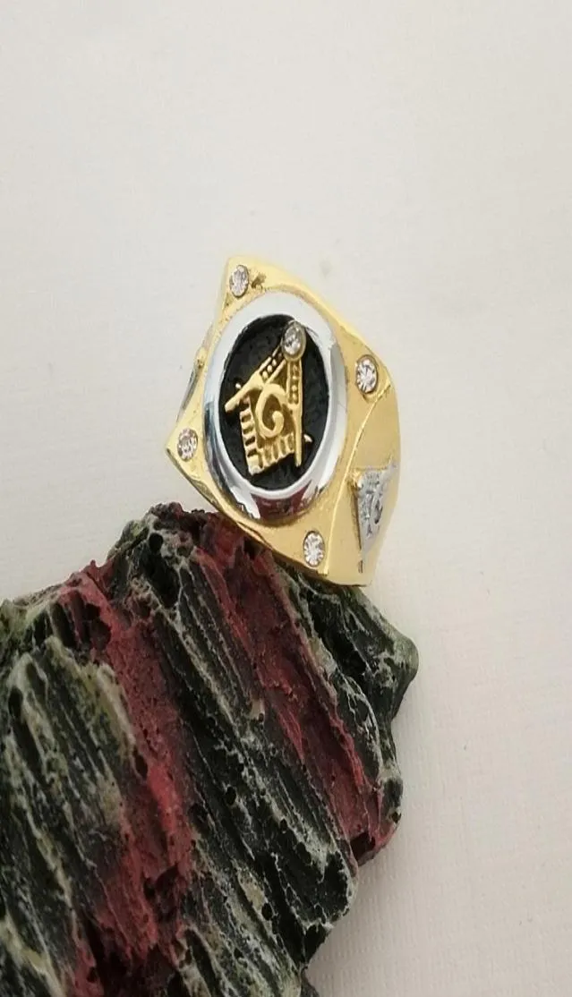 s Promotion Gold Men039s Каменные кольца из нержавеющей стали Масонские регалии-печатка Черная эмаль Обручальное кольцо Братства6832352