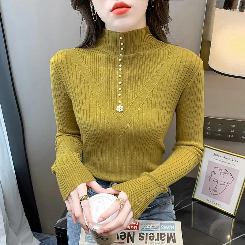 女性用セーター韓国スタイルの薄い軽いビーズシックガールズ秋の編みベーシックシャツファッション女性スプリングカジュアルプルオーバーセーター