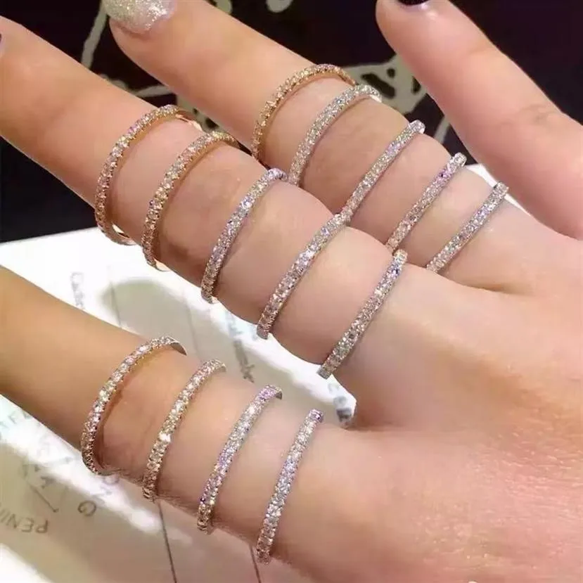 Echt 18k Weißgold Simuliertes Diamantband Ring feinen Hochzeit Schmuck einfache runde dünne Ringe für Frauen Geschenk Cluster241p