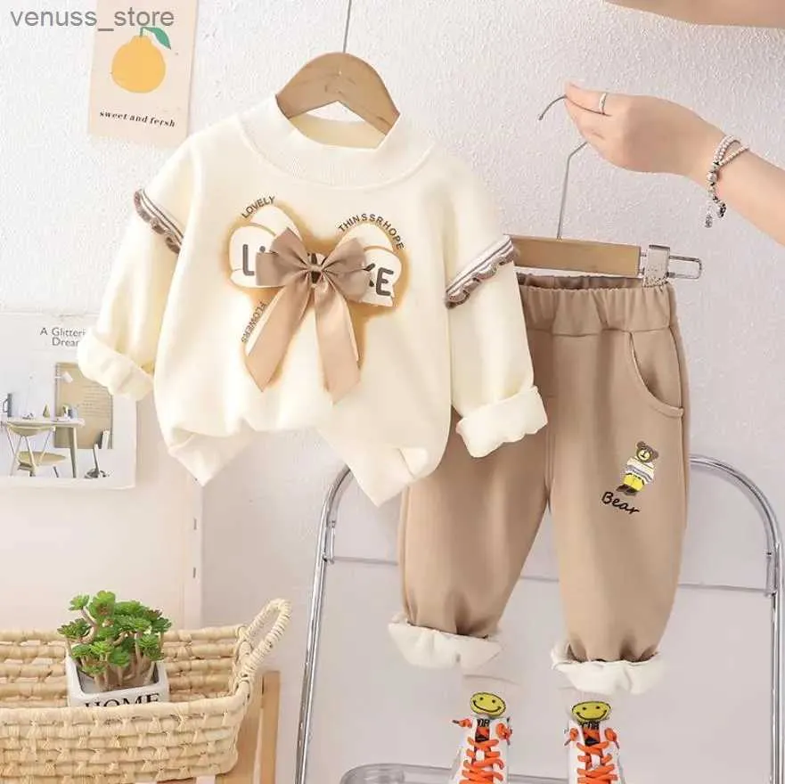 Giyim Setleri Sonbahar Kış Kıyafetleri Toddler kızlar için Bow Peluş uzun kollu sweatshirt ve pantolon Noel kız bebek bebek kıyafetleri seti
