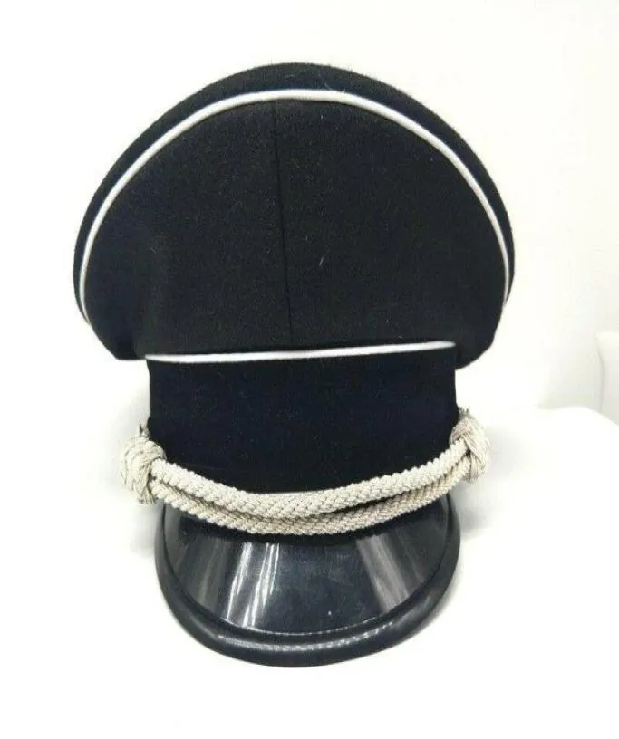 Breda brimhattar WWII German Elite Officer Visor Hat Cap Black Chin Pipe Silver Cord 57 58 59 60 61cm Reproduktion Military9072199