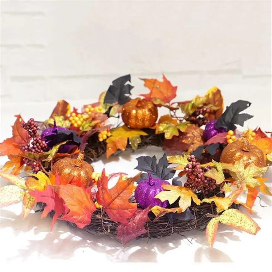 Halloween Decor Pumpkin Harvest Silk Fall framför Door Wreath 17 7 Inches Outdoor Wreath Thanksgiving Gifts Home Decor Y0901276O