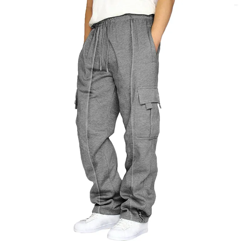 Herrbyxor gymträning Sweatpants Män Solid Color Casual Drawstring Midje Sport Jogging Manliga fickor Lastbyxor