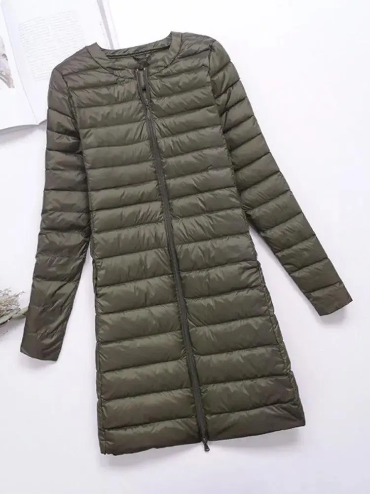 Jackor Kvinnor Winter Coat 2022 Ny Ultra Light Collarless Duck Down Jackets Slim Portable Female Long Puffer Down Coats Ytterkläder