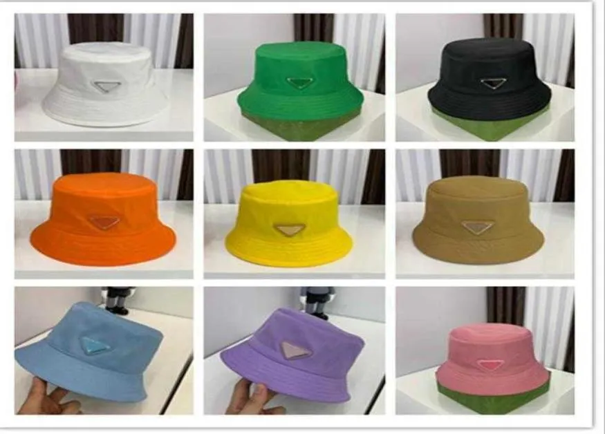 Designer Nylon Bucket Hats Caps for Women and Men 9 colors Good Quality luxury Ladies Mens Unisex Metal Triangle Fitted Sun Hat Fi9136013