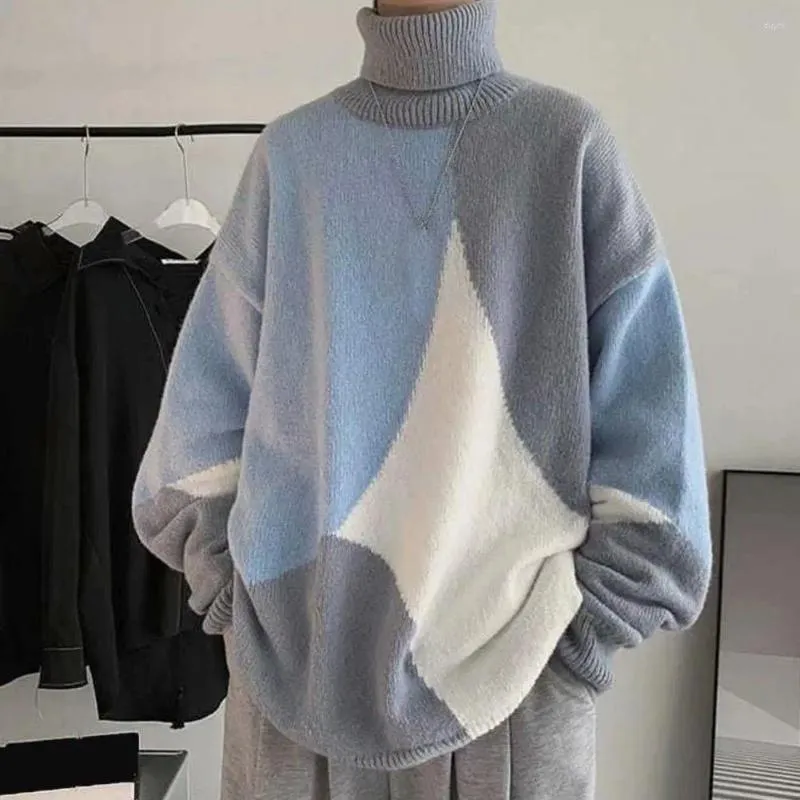 Men's Sweaters Men Sweater Colorblock Knitted Turtleneck With High Collar Neck Protection Soft Warmth Loose Fit Autumn