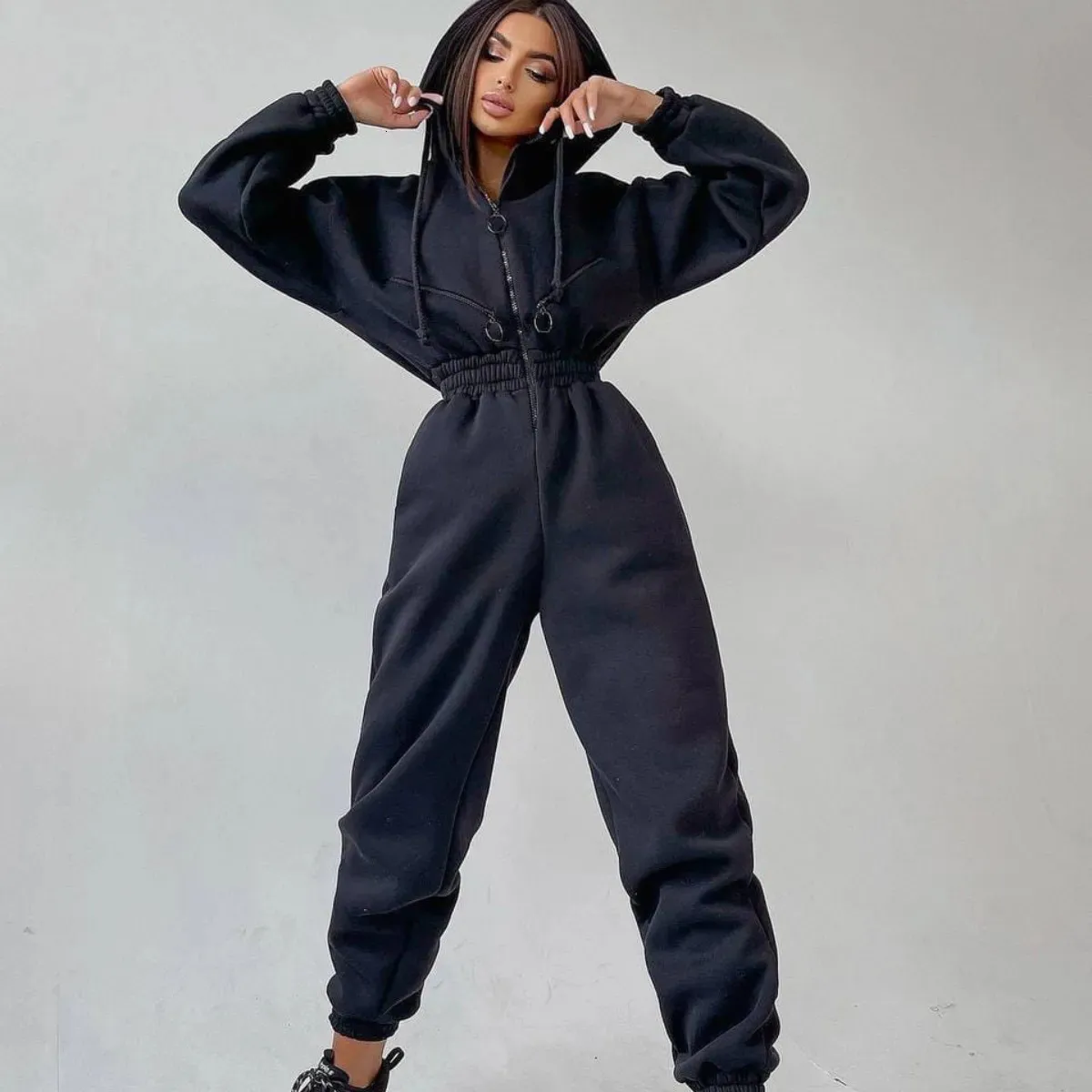 Fashion Elegant Hoodies Jumpsuit Women Casual Overalls Romper Fall Winter Solid Hooded Jumpsuits Sportwear Rompers Tracksuits 231225