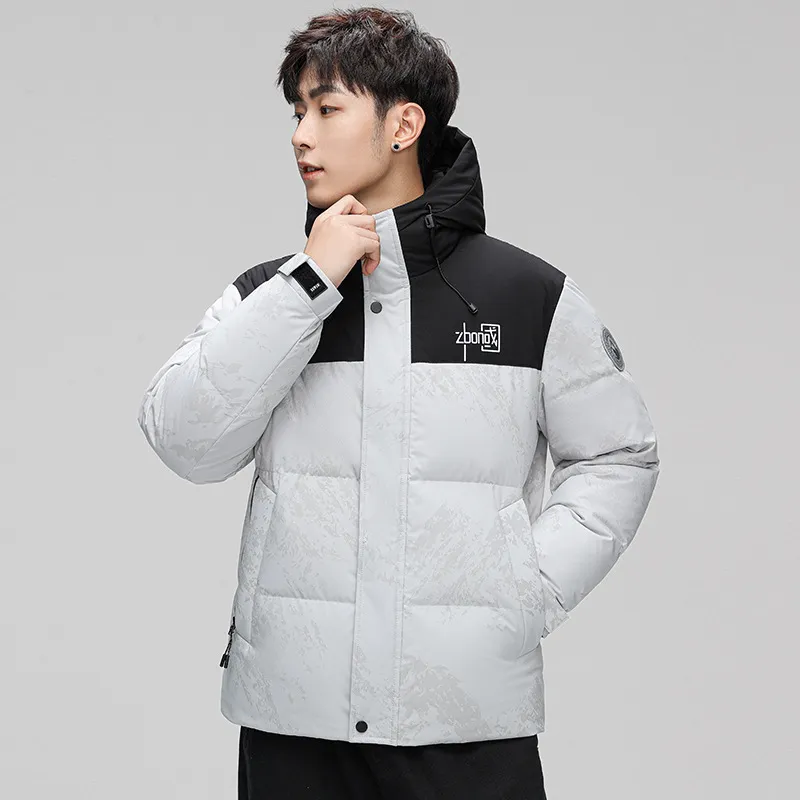 Jaqueta simplificada de pato branco com capuz para homens, camuflagem juvenil espessada jaqueta curta chinesa, roupas masculinas de outono e inverno