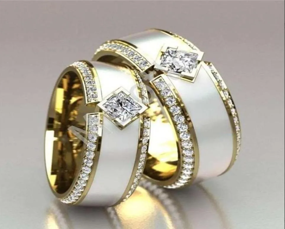 Pierścionki ślubne klasyki złoty kolor pary pierścionka biała szkliwa cyrkon obietnica obietnicy zaręczynowej biżuterii prezent dla mężczyzn Kobiety 1991188