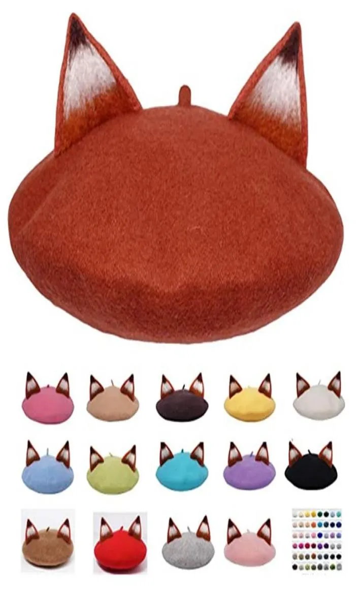 Berets Handmade Wool Girl Autumn And Winter Beret Cute Cartoon Ears Warm Women Painter Hat Beretki6225839