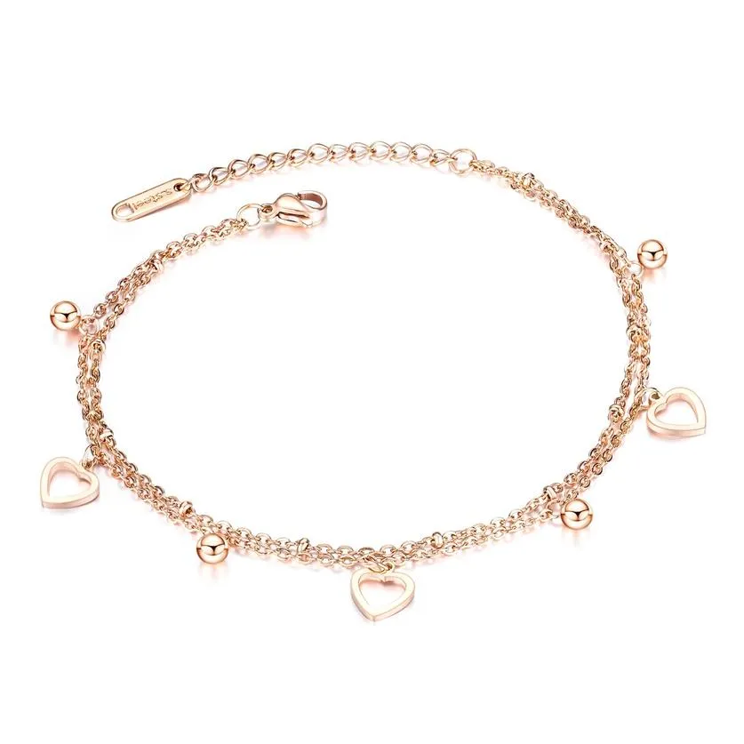 Rose Gold Tiny enkelbanden Hart en kralenketen Enklets Bracelet in roestvrij staal302o