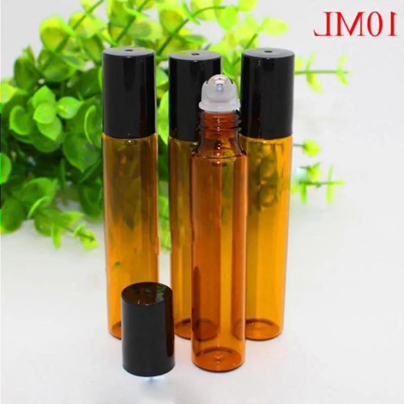 Vente chaude 1200pcs / lot 10 ml Rouleau en verre ambre sur bouteille avec bille à rouleau en acier inoxydable Huiles essentielles de parfum brun dhl shi gratuit ecud