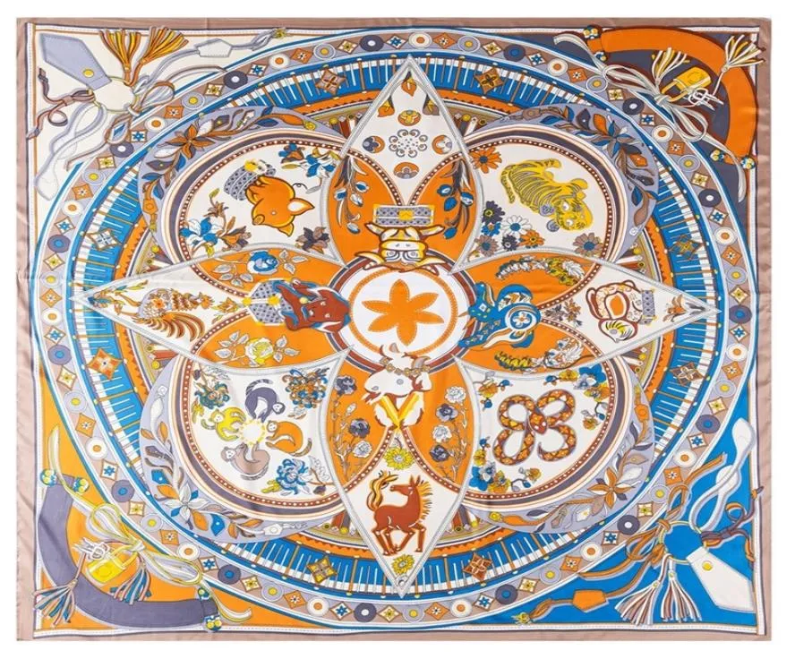 Jesień zima ponadwymiarowa paszmina twill szalik chiński zodiak druk kwadratowy szal 130x130 cm duży dekolt dekoltu luksusowe szaliki 2208691785