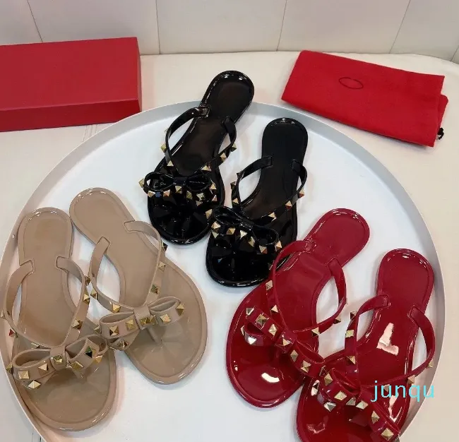 Summer designer sandals Women Rivet Bow Knot Flat Slippers Sandal Studded Girl luxury Slides Lady Flip Flops with Box