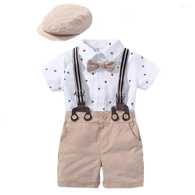 衣料品セット生まれの男の子紳士服の衣装スーツセットベビーネクタイ弓帽子ヨットプリントロンパーショーツサスペンダー幼児の子供