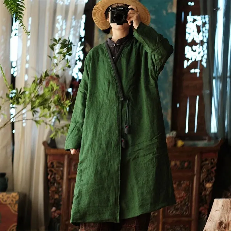 Trench-Coats pour femmes JEOSTES FEMMES VINTAGE LIGNE CHAUDAT HIVER PARKAS V-COLLE LONGE LOBE LOBE plus Coton 2023 vert