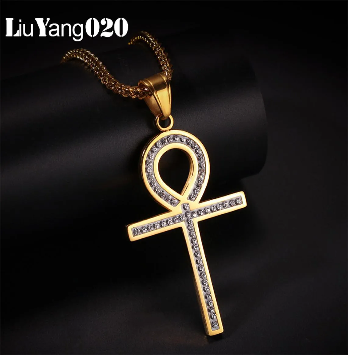 Collana Ankh con zirconi ghiacciati Ciondolo La chiave del Nilo Catena in acciaio inossidabile color oro per gioielli da uomo Croce egiziana Hip Ho6313613