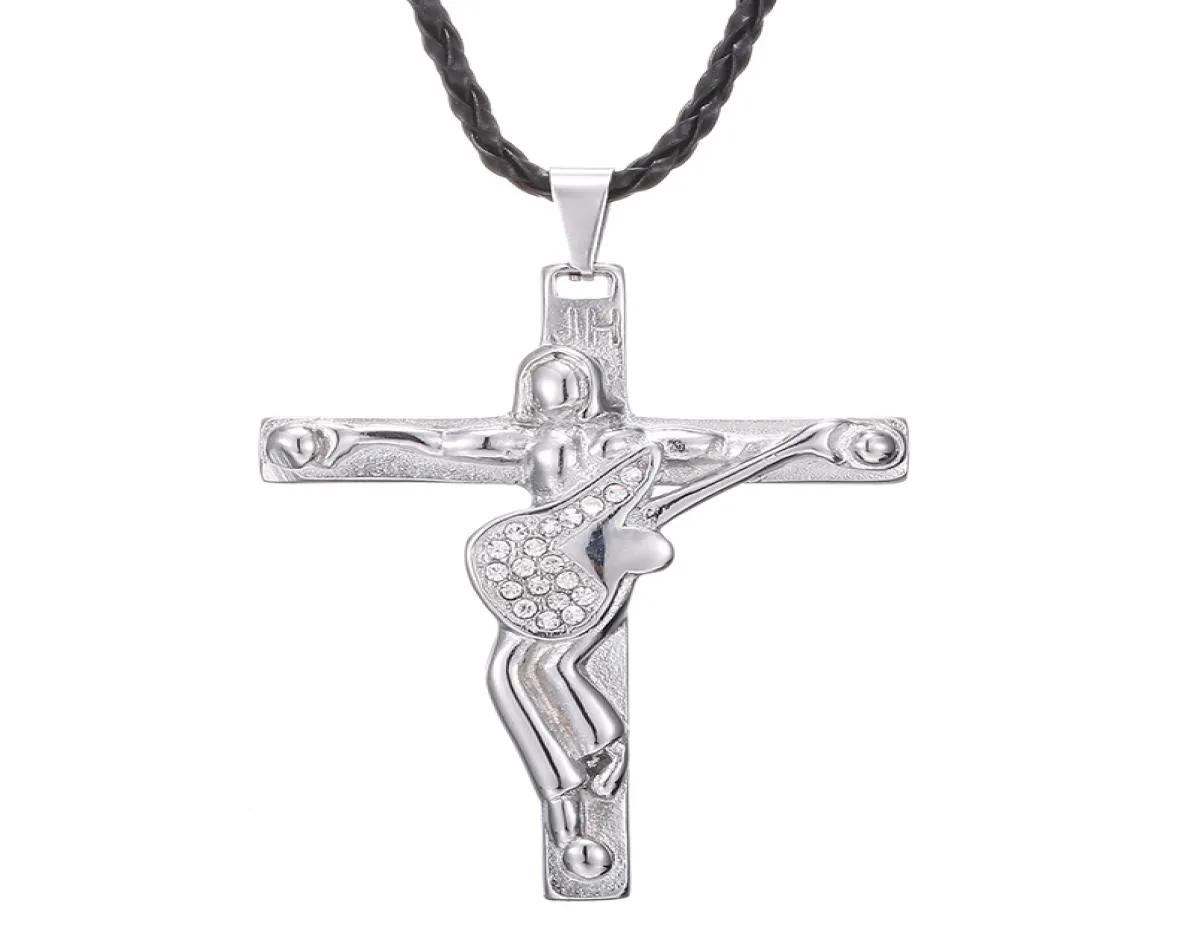 Johnny Hallyday collana con ciondolo per chitarra da uomo gioielli in acciaio inossidabile 316 con medaglione galleggiante Christian Crucifix8337479
