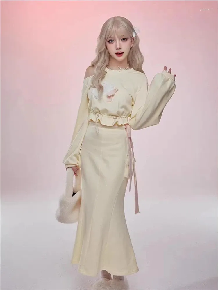 Vestidos de trabalho 2024 primavera coreia moda 2 peça saia conjunto casual kawaii impressão blusa elegante magro midi estilo japonês doce terno mulher