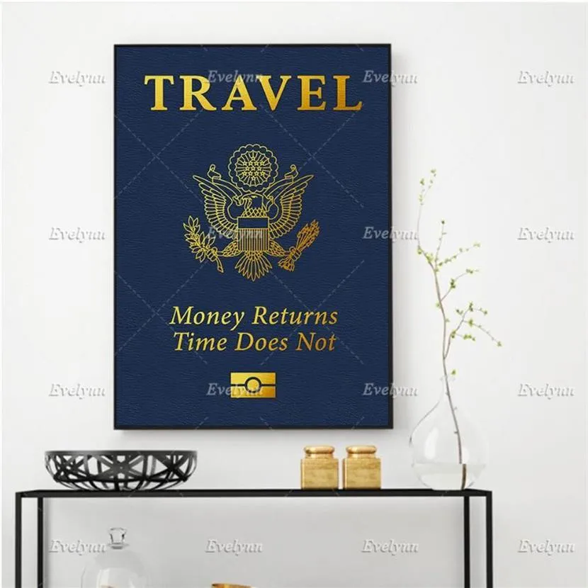 Paintings Motivational Inspirational Canvas Poster- Passport Travel Money Returns Time Does Not Wall Art Office Home De220b