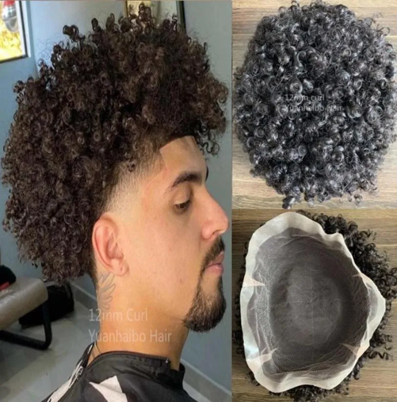 15mm Afro Curl 1B Full PU Toupee Mens Wig Indian Remy Human Hair Replacement 12mm Curly Lace Unit for Black Men Express Delivery9007859