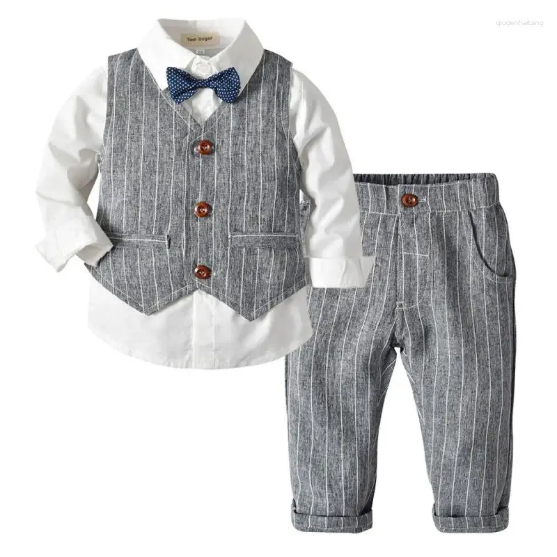 Conjuntos de roupas Moda Menino Terno Conjunto Listrado Outono Infantil Criança Criança WhiteShirt Colete Calças 3 PCS Crianças Checkered Roupas Formais 1-8Y