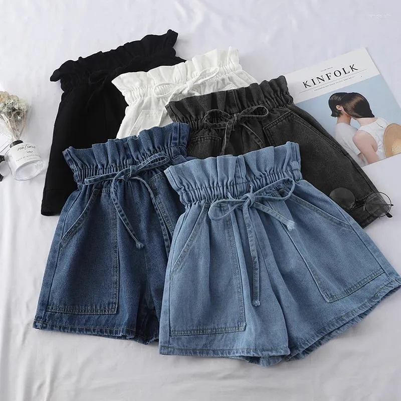 Shorts Shorts Summer High Waist Domenne Donne Casuali Spese Ladies Vintage Lace-up Elastic Pocket Blue Bhite Black Female Femmina femmina