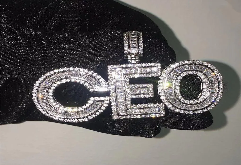 Colgante de letras Baguettes con nombre personalizado con cadena de cuerda, Circonia ostentosa de oro y plata, joyería de Hip Hop para hombres 3463620