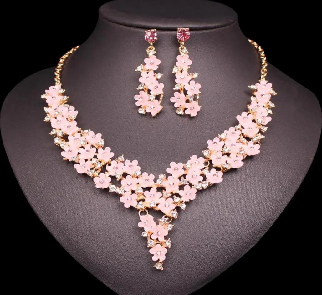 Oorbellen Ketting Schattig Roze Hars Bloem Boho Sets Mode Strass Bohemen Stijl Bruids Bruiloft Sieraden Set Cadeaus Voor Dames9412823