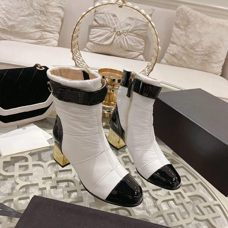 Bota de tornozelo clássica de bezerro botas curtas grossas de salto alto cabeça redonda splice moda feminina botas de designer de luxo sapatos de fábrica sapatos de metal alvo de alta qualidade