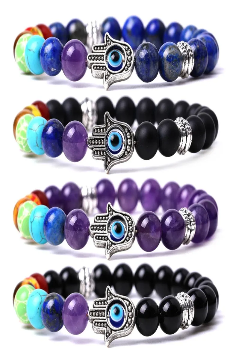 Natuurlijke Chakra Stenen Kralen Strengen Fatima Evil Charm Armbanden Mode Zwarte Lava Tijgeroog Turquoise Amethist Agaat Kwarts Bang6917810