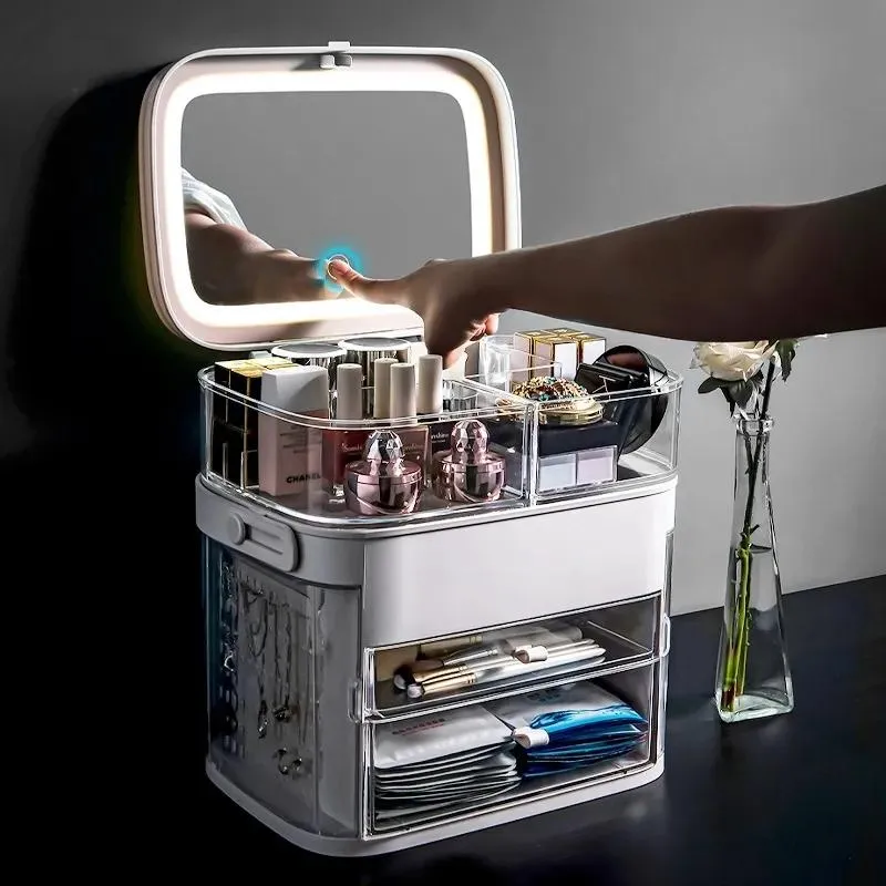 BINS LED -spegel kosmetisk arrangör bärbar makeup förvaringslåda smycken låda stor smink läppstift behållare badrum lagring fall c0116