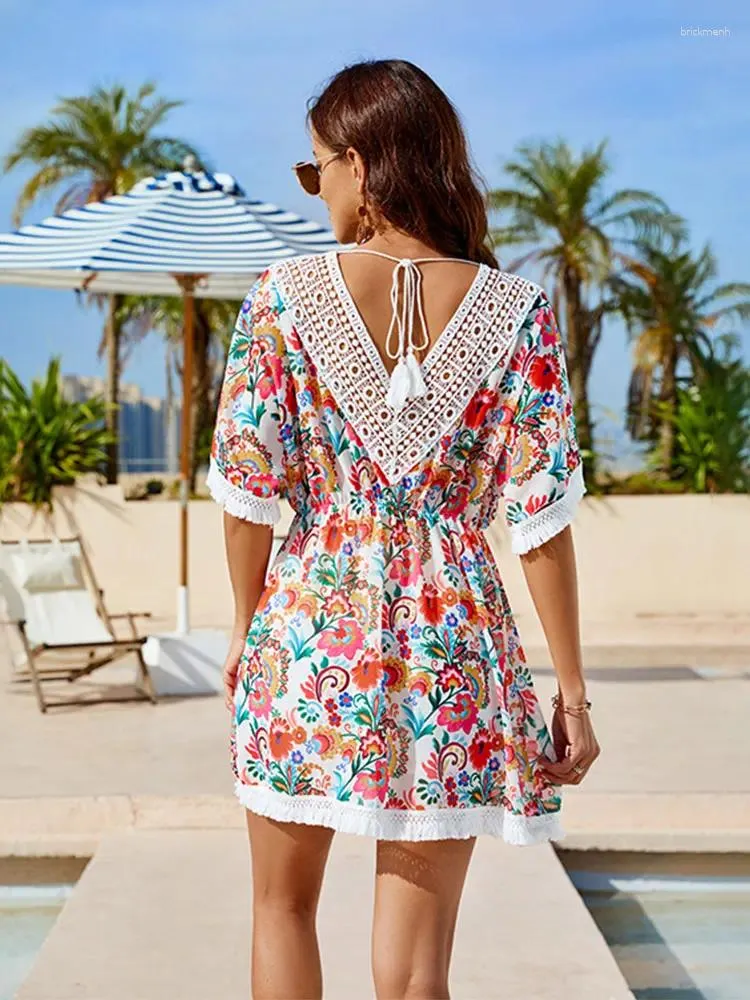 beach dress over swimsuit Boho Lace Up Oversized Bikini Cover Up – Hollow Knit Mini Dress in Pink | Women's Boho Fashion | One Size main image 1