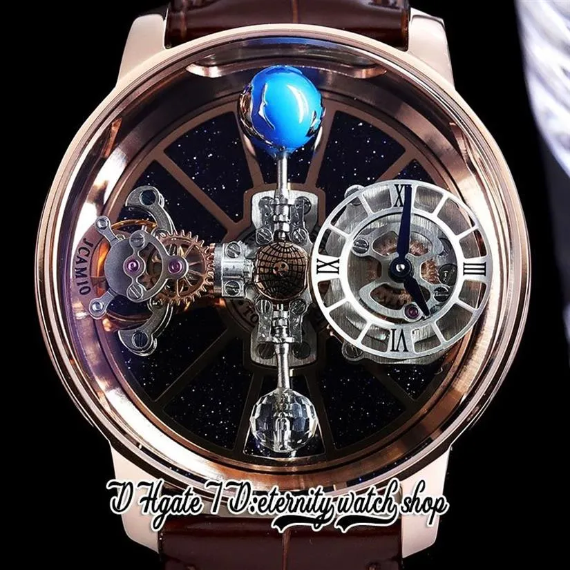 BZF Astronomia Tourbillon Swiss Quartz Mens Watch Rose Gold Steel Case Skeleton 3D Globe Dial Won't Spin Brown Leather 280C