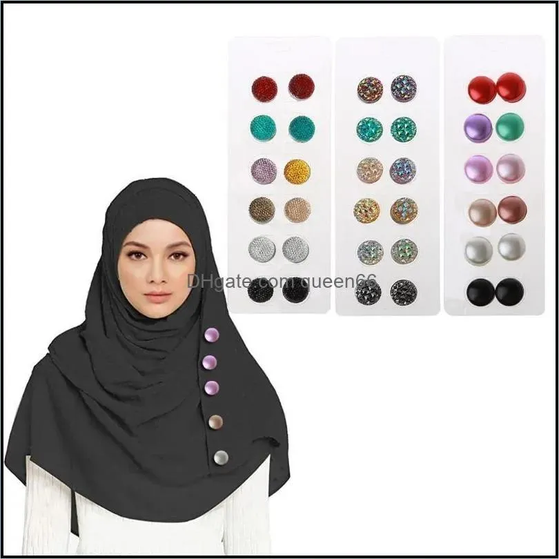 Broches Broches Bijoux12 Pcs Pack De 12 MtiUse Strass Écharpe Broche Ronde Hijab Kit Épingles De Sûreté Magnétiques Bijoux Musulmans Goutte De