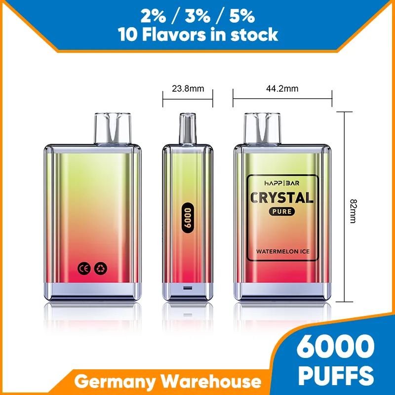 Original 6000 puffs engångscigarett 12 ml Förfylld 1500mAh Battery Vape Device Crystal Design Vapor 2% Mesh Coil för 10 olika fruktsmaker